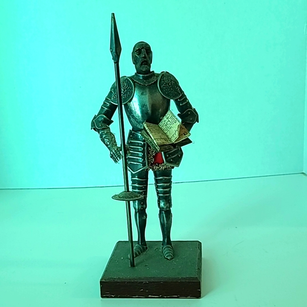 Vintage Don Quixote Armored Figurine Metal Statue wood base
